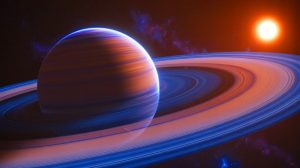 Illustration of a vapor planet with a thick water vapor atmosphere orbiting its star.