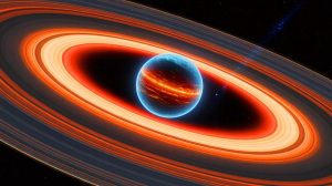 Illustration of a young exoplanet, WISPIT 2b, forming within a multi-ringed protoplanetary disk.