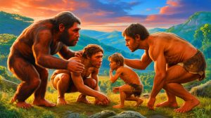 Illustration of the genetic intermingling between Neanderthals and Homo sapiens 47,000 years ago.