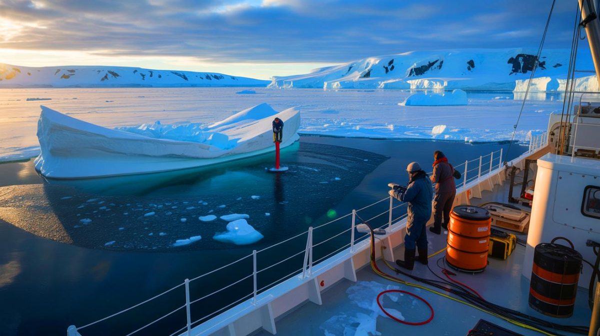 Illustration of researchers extracting sediment cores from beneath the Antarctic Peninsula to study whale impact on climate.