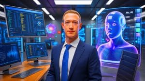 Illustration of Mark Zuckerberg presenting Meta's vision for personal superintelligence.