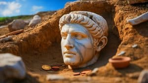 Illustration of a marble head sculpture representing Laodicé, an influential woman from ancient Roman Crimea.