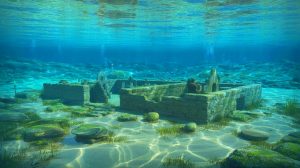 Illustration of an 8,500-year-old submerged prehistoric site in Aarhus Bay, Denmark.