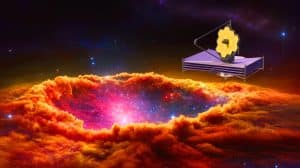 Illustration of the James Webb Space Telescope unveiling the star-forming region of Sagittarius B2.