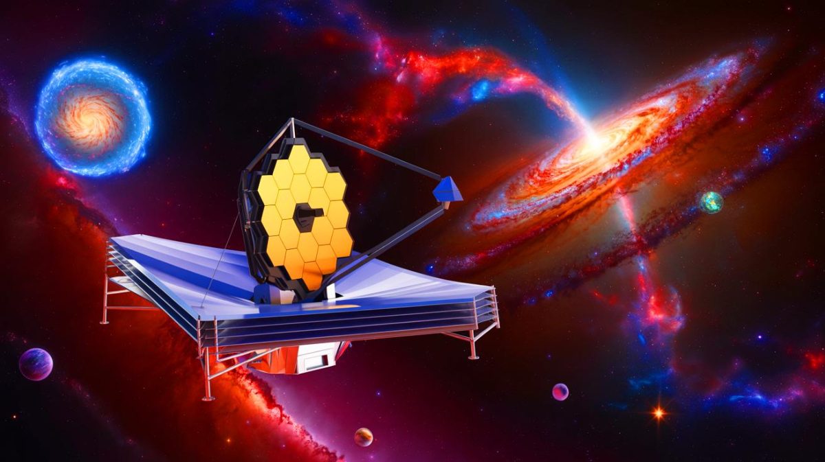 James-Webb Telescope Uncovers 13 Billion-Year-Old Black Hole, Igniting Hawking’s Theories with Shocking New Evidence Illustration of the James-Webb Space Telescope observing a primordial black hole.