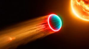 Illustration of the interstellar object 3I/ATLAS traveling through our solar system.