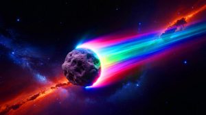 Illustration of the interstellar object 3/I ATLAS traveling through space.