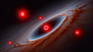 Illustration of Mysterious Red Dots in the Early Universe Observed by the James Webb Space Telescope.