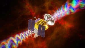 Illustration of a satellite in orbit experiencing electron-induced discharges.