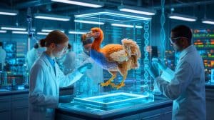 Illustration of Scientists Working on Resurrecting the Extinct Dodo Bird Through Genetic Intervention.