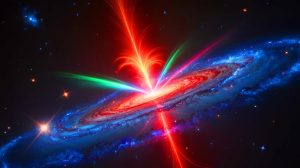Illustration of a gamma-ray burst originating from a distant galaxy.