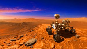 Illustration of the Perseverance rover capturing a panoramic view from Soroya Ridge on Mars.