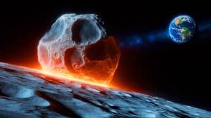 Illustration of an asteroid nearing the Moon with potential impacts on space exploration.