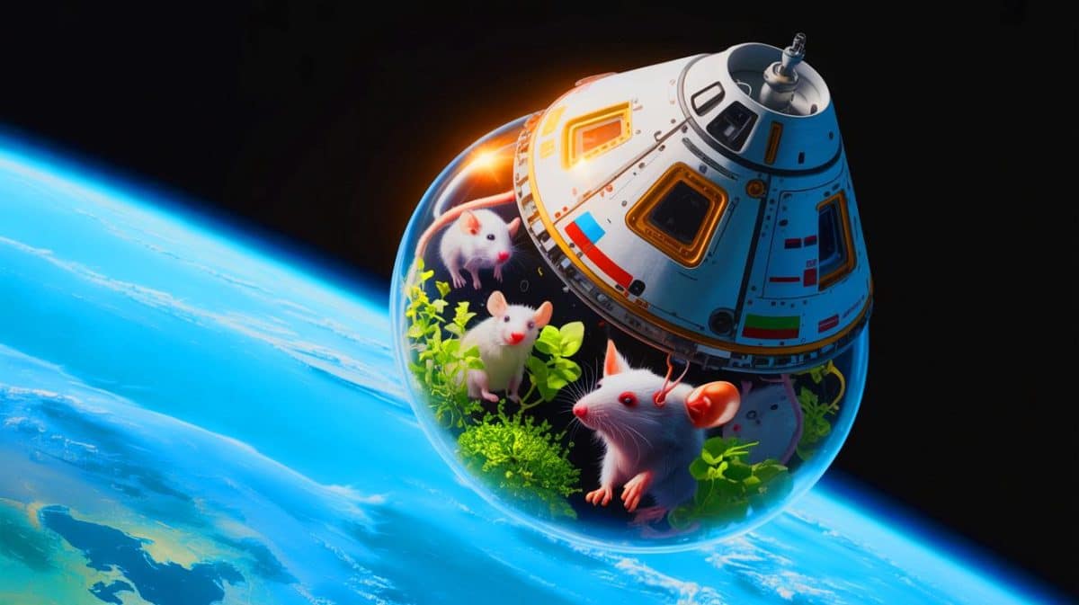 Illustration of a Russian space capsule carrying diverse organisms to study adaptation in orbit.