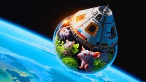 Illustration of a Russian space capsule carrying diverse organisms to study adaptation in orbit.