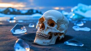 Illustration of a Skull Discovered on an Antarctic Beach.