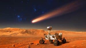Illustration of NASA's Perseverance Rover Capturing Images of the Interstellar Comet 3I/ATLAS Over Mars.