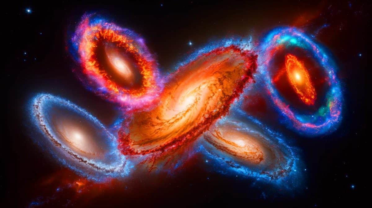 Illustration of the simultaneous collision of five galaxies captured by the James Webb Space Telescope.