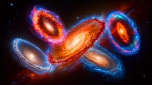 Illustration of the simultaneous collision of five galaxies captured by the James Webb Space Telescope.