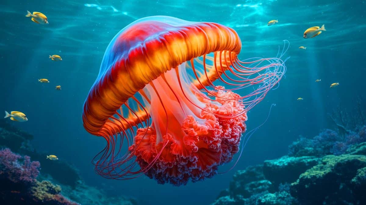 “This Monster of the Deep Terrifies With Its Titanic Dimensions (And It’s Lurking Closer Than You Think)” Illustration of the Lion's Mane Jellyfish Displaying Its Colossal Size and Long Tentacles.