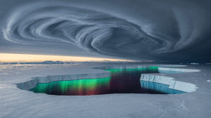 Illustration of the Antarctic polar vortex showing signs of destabilization.