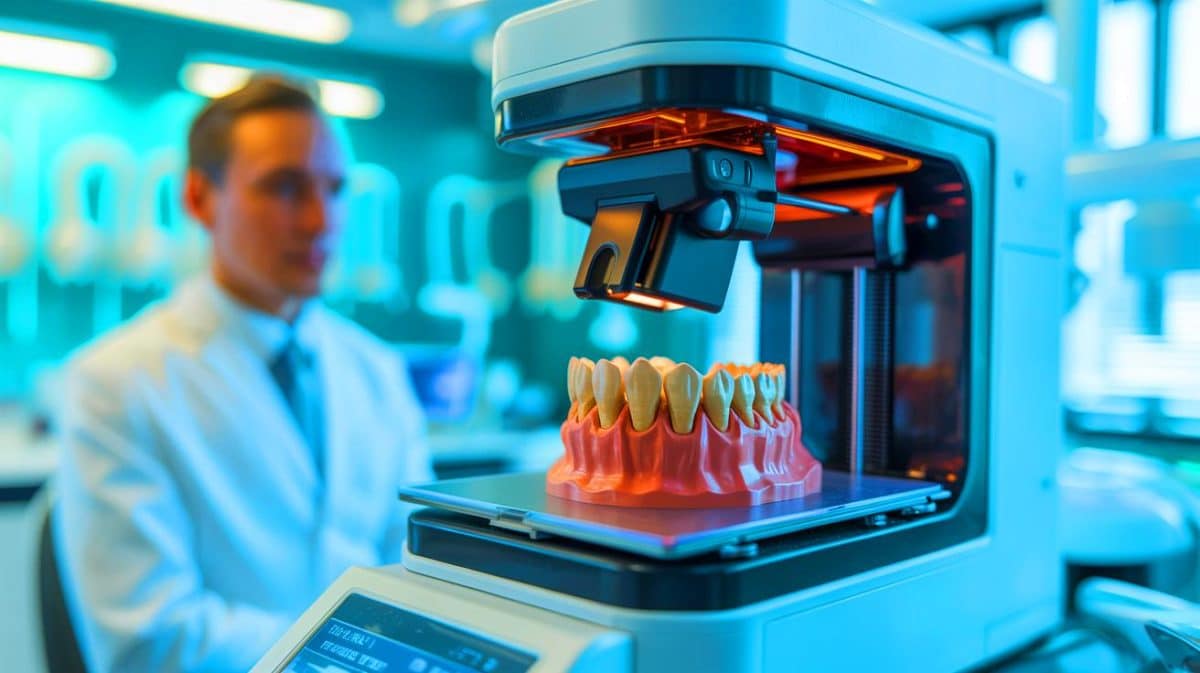 “Your Crown Nightmare Ends”: New Tech Reveals 3D-Printed Zirconia Dental Crowns in Just Hours (and It’s Revolutionary) Illustration of a dentist using new technology to create a 3D-printed zirconia dental crown chair-side.