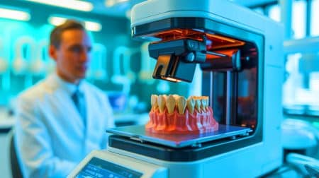 Illustration of a dentist using new technology to create a 3D-printed zirconia dental crown chair-side.