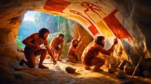 Illustration of Neanderthals using ochre tools for artistic expression.