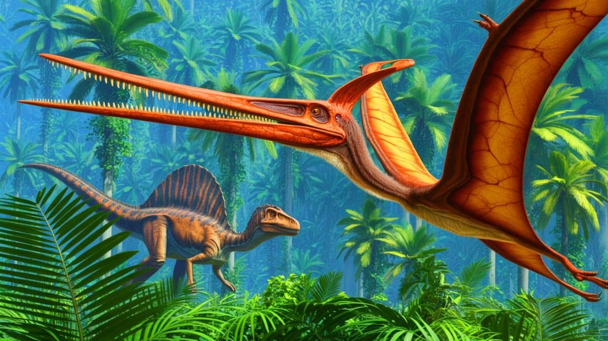 New Pterosaur Species Discovered in Fossilized Dinosaur Vomit, Offering Insight Into Prehistoric Ecosystems Illustration of Bakiribu waridza with a spinosaurid in the background.