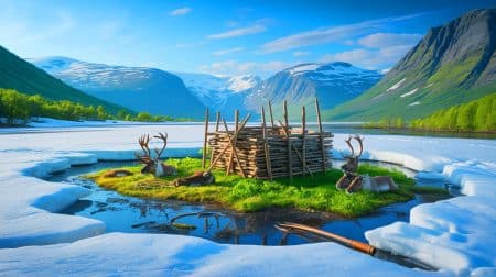 Illustration of a 1,500-year-old reindeer trap revealed by melting ice in the Aurlandsfjellet mountains of Norway.