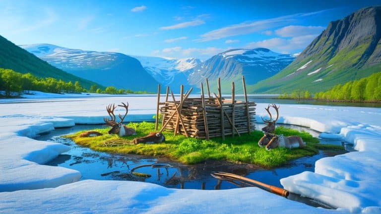 Illustration of a 1,500-year-old reindeer trap revealed by melting ice in the Aurlandsfjellet mountains of Norway.