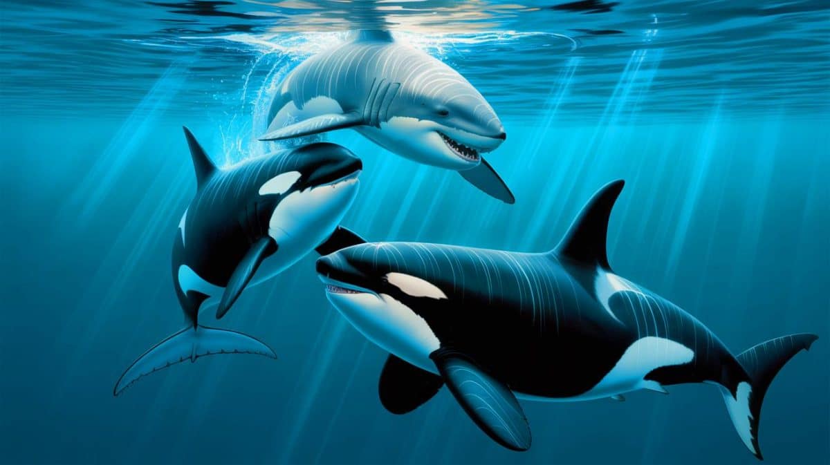Orcas Reveal Chilling Strategy to Hunt Great White Sharks, Impacting Marine Ecosystems and Human Understanding Illustration of orcas using a unique hunting strategy to prey on young great white sharks.