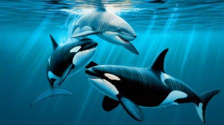 Illustration of orcas using a unique hunting strategy to prey on young great white sharks.