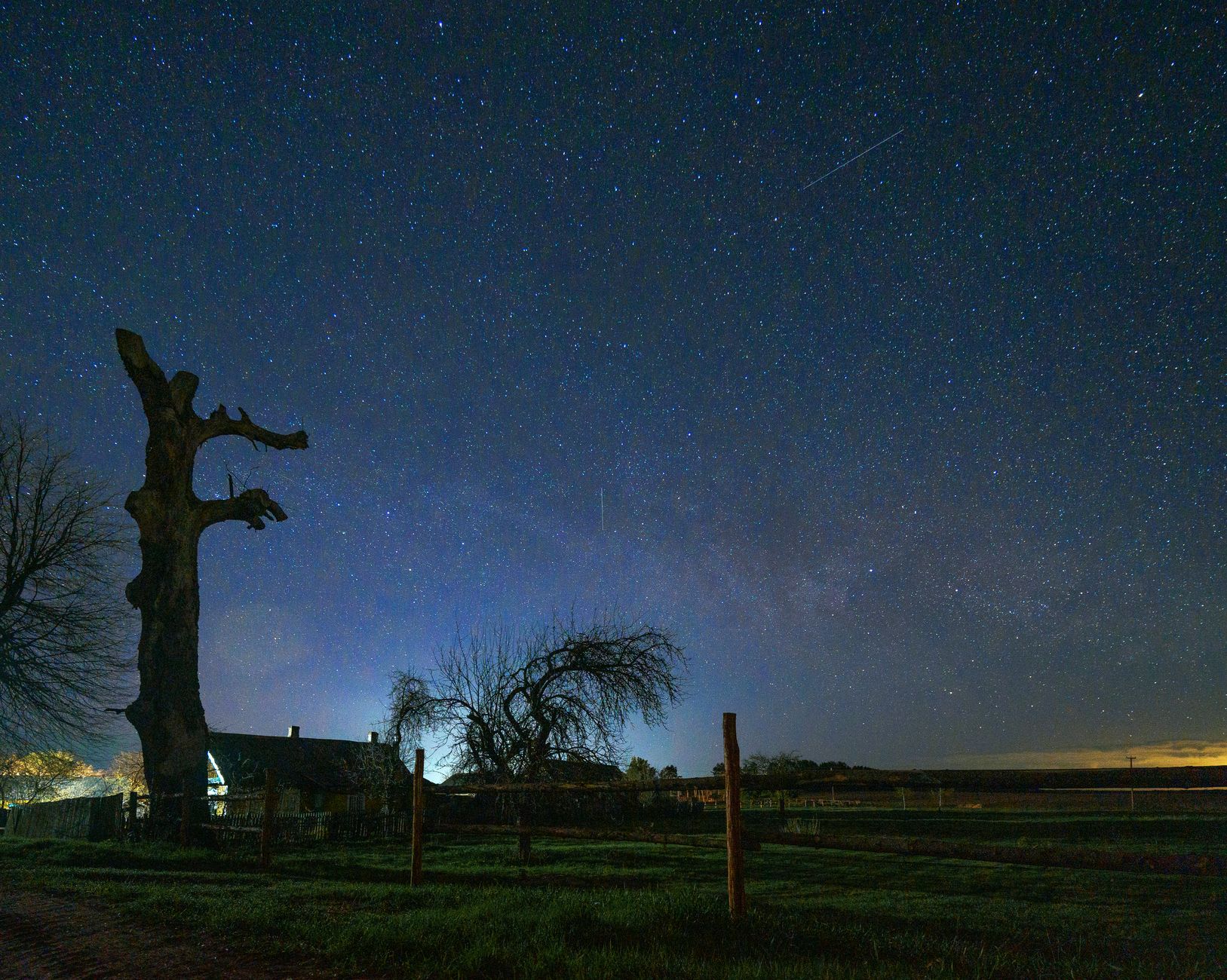 Starry night sky over a grassy field with a wooden fence, a low house and silhouetted bare trees, including a dead trunk.